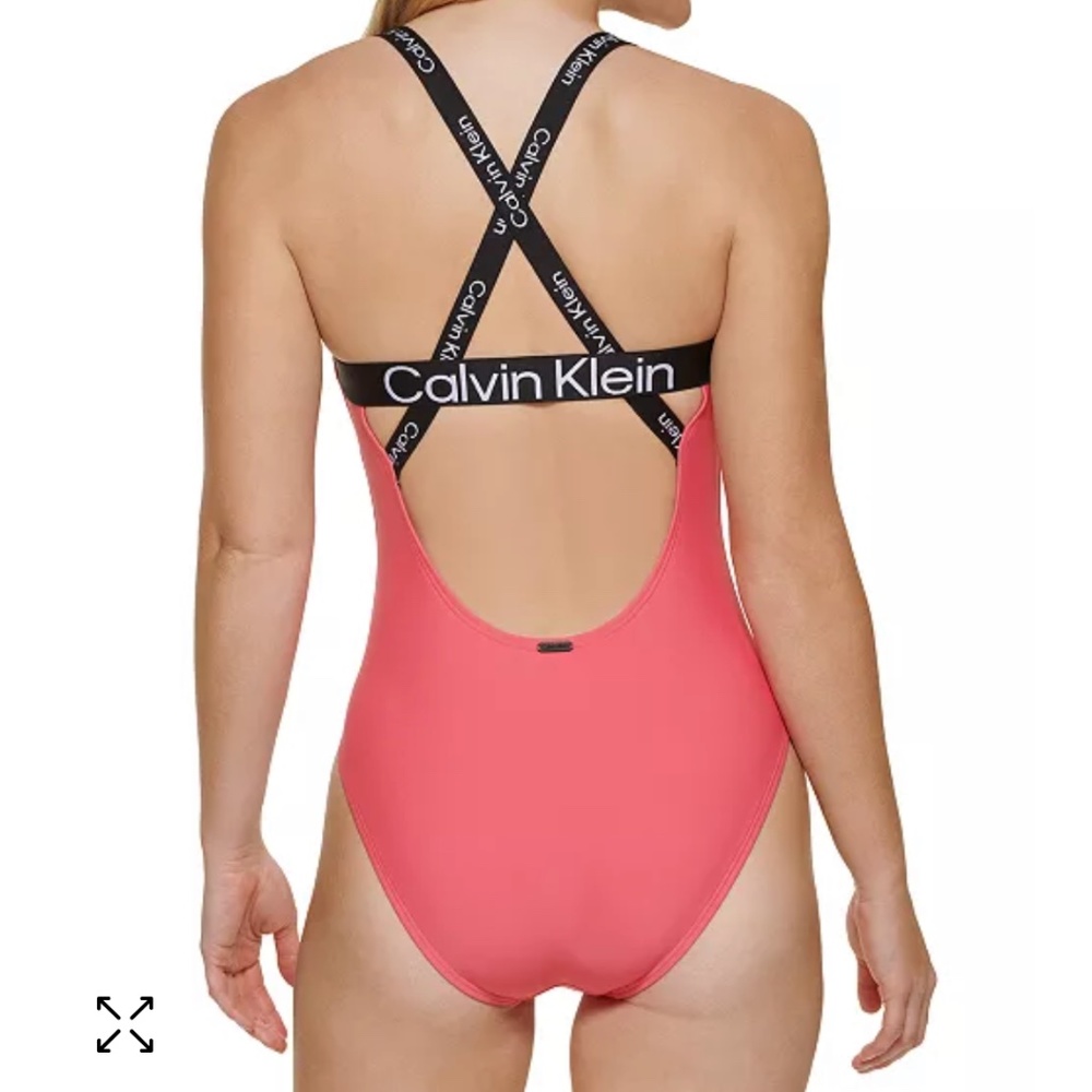 NWT CALVIN KLEIN Deep U-Back Criss-Cross Logo Elastic One-Piece Swimsuit -Size S - Picture 4 of 10